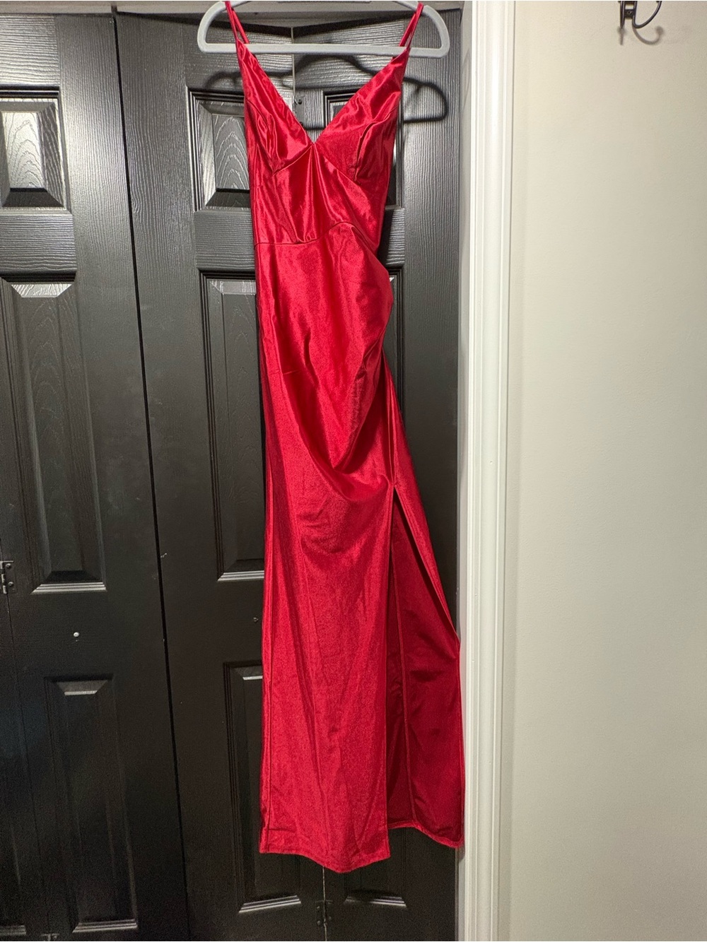 David's Bridal Red Satin Maxi Slip Dress with Spaghetti Straps